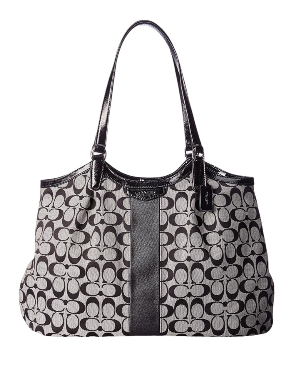 COACH Signature Stripe Devin Black & Gray Logo Monogram Shoulder Hobo Bag F28623